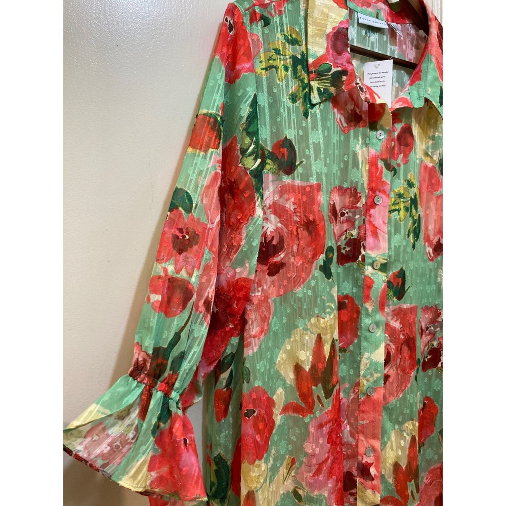 Susan Graver Womens Shirt 1XP Floral Metallic Sheer Button Tunic Romantic Garden - Picture 5 of 10